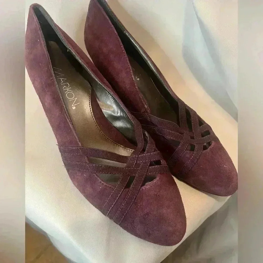 MARKON Quarry Purple Suede Leather Wedge Heels Shoes 7W - Picture 2 of 5